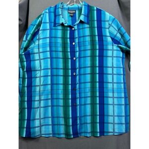 Notations Women Blue Teal Green Plaid Stripe Button Front Blouse Top Plus Size3X